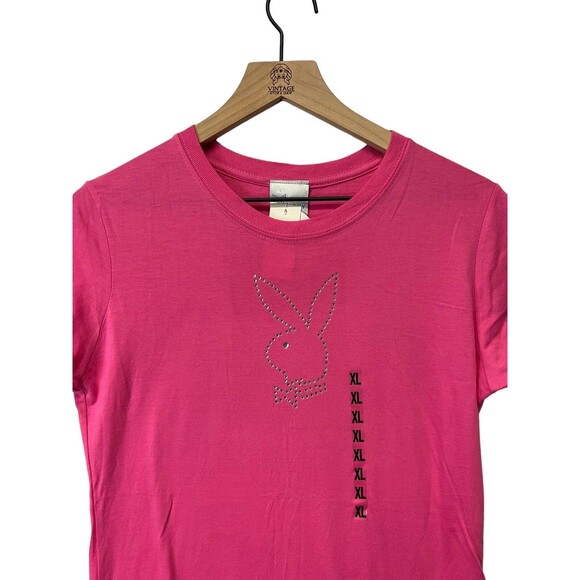 PLAYBOY Rare Vintage Y2K NWT Pink Silver Rhinestone Bling Sexy Tee Shirt XL - Picture 2 of 11